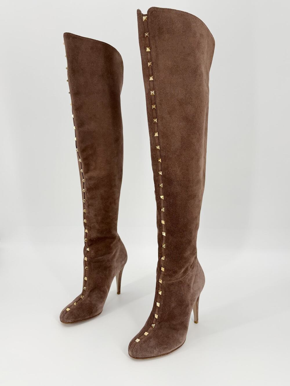 Valentino Rockstud Suede Over The Knee Boots Brown Knee High Stiletto Heel 37.5